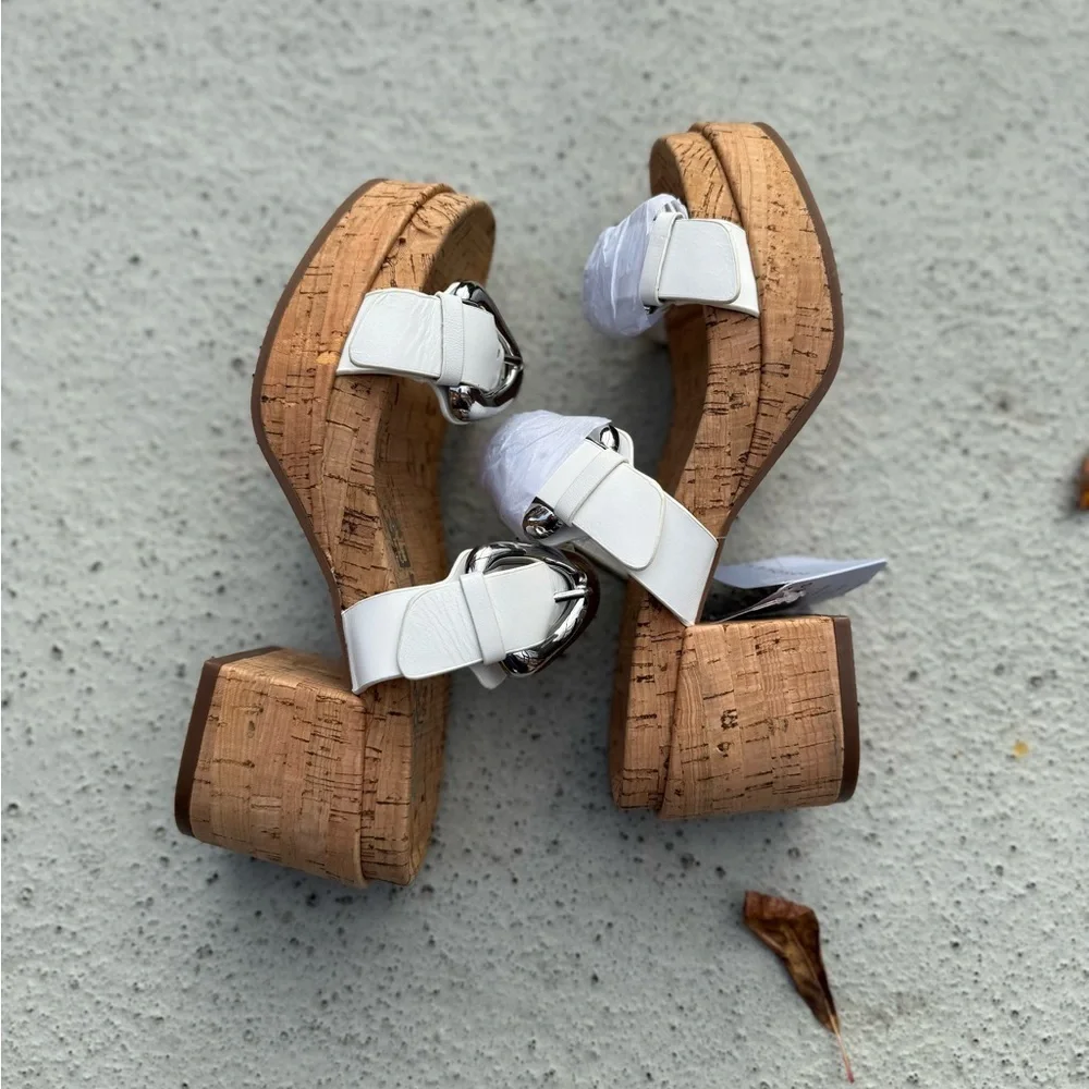 AEROSOLES White Cork Slide Sandals with Shiny Silver Buckles - Picture 6 of 10
